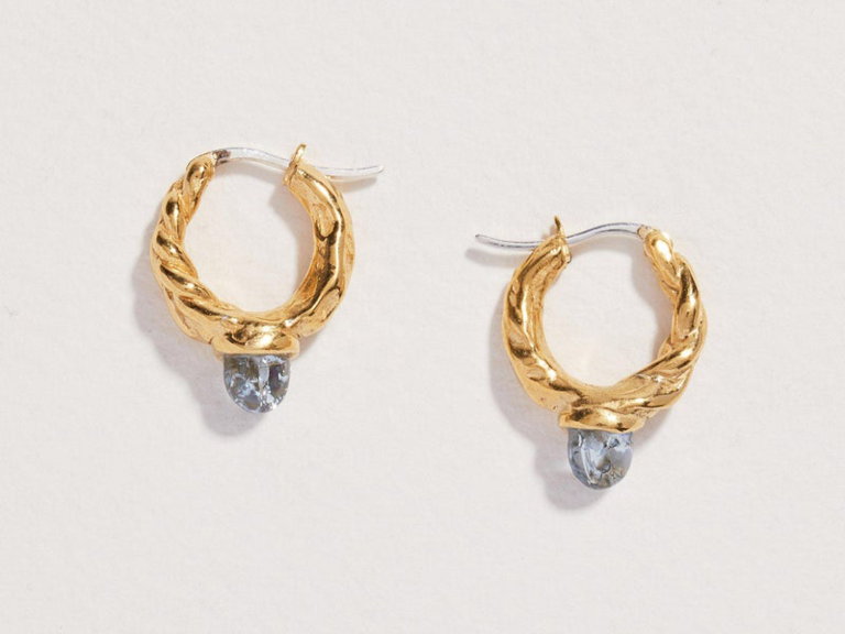 Gold braided hoops with blue glass stone droplets