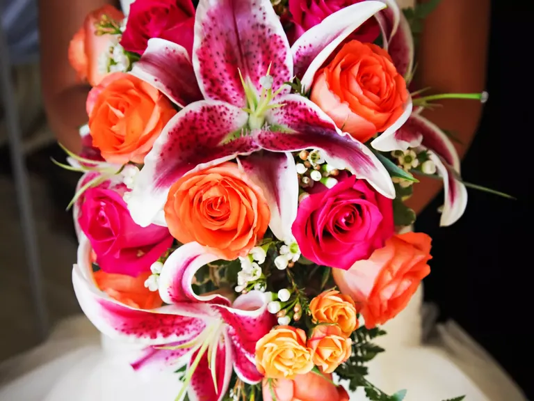 Stargazer Lily Wedding Bouquet with Orange and Pink Roses