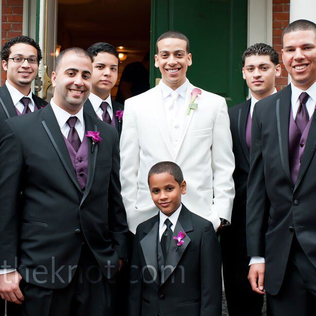 Rogelio stood out from his groomsmen in a diamond-white blazer, tie and vest.