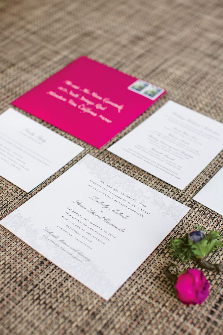 A subtle leaf pattern bordered the top and bottom of the square wedding invitations. The type, a mix of script and Roman lettering, was printed in pomegranate ink.