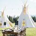 The reception was held at the same location, near the lake, with farm tables under a canopy of string lights among four glowing tepee-inspired tents.