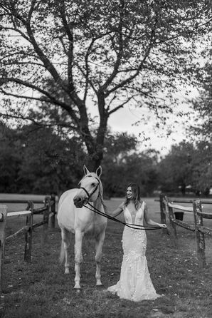 Black and White Photo of a Bride in a Plunging Neckline Gown Holding Reins of White Horse
