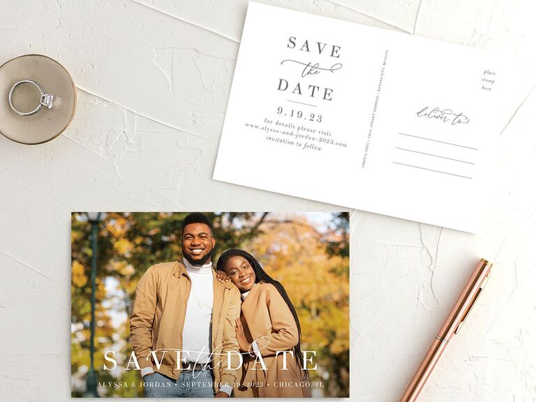 the knot white and grey romantically scripted simple save the date postcard with photo