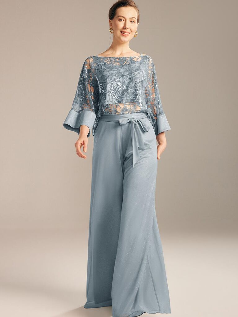 Silver blue glitter mesh pants set for grandmother of the groom