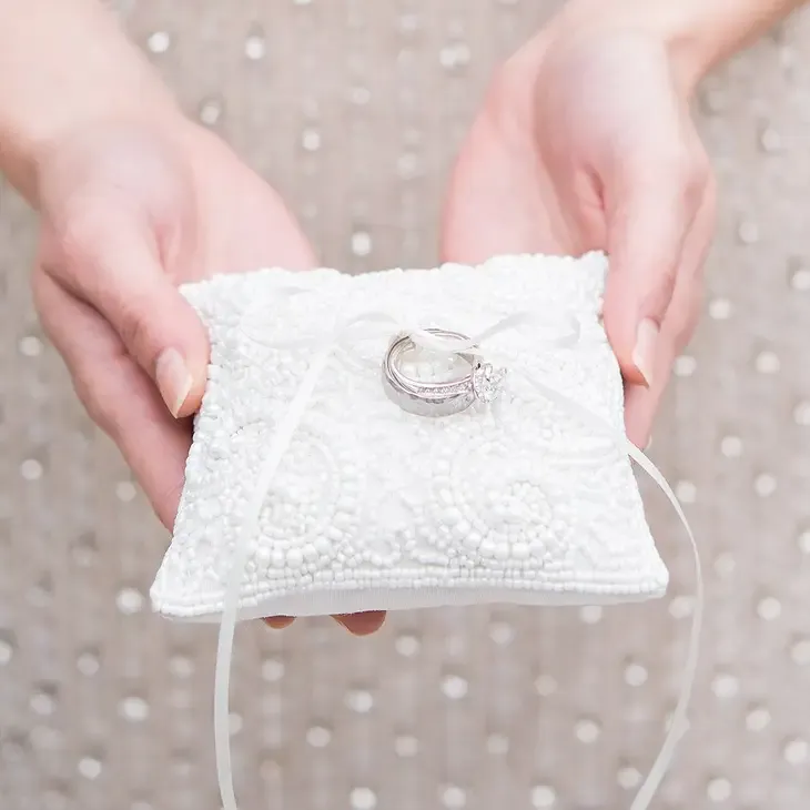 White beaded miniature ring bearer pillow