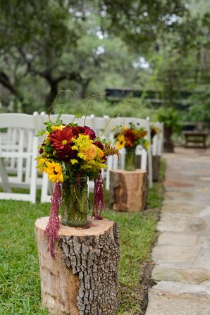 Fall Flowers on Tree Stump Aisle Decor