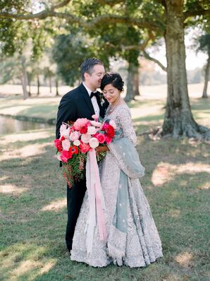 Bride and Groom with Large Bright Bouquet