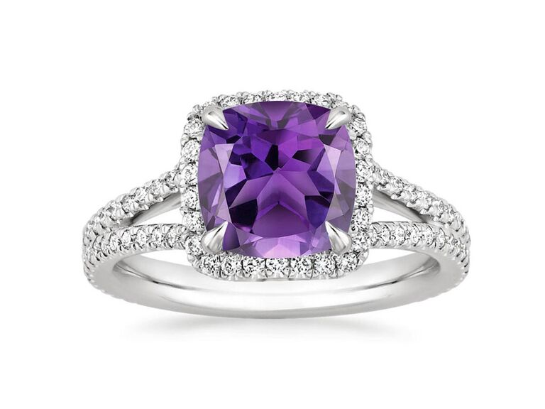 brilliant earth amethyst engagement ring with cushion cut amethyst claw prongs round diamond halo round diamond split shank and round diamond white gold band