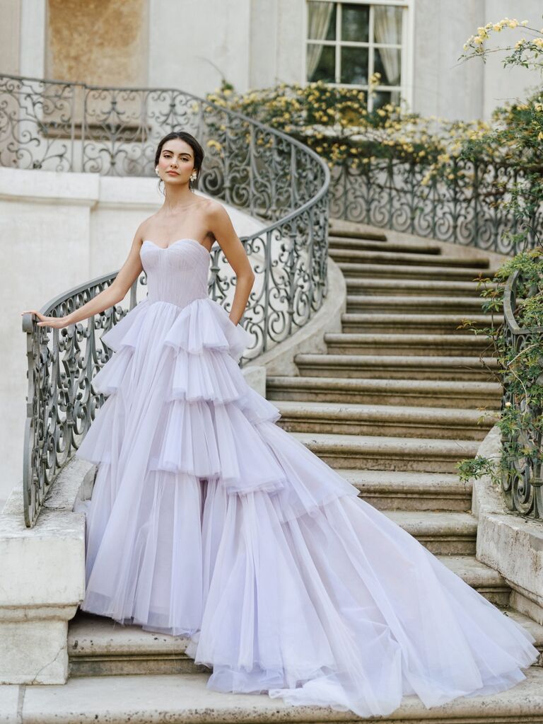 Strapless lilac wedding dress, best pastel wedding dresses 2023-2024. 
