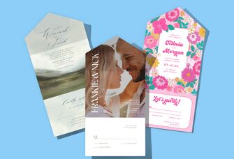 Various styles of wedding invitations on blue background