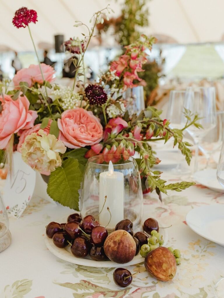 Figs cherries flowers wedding table arrangements