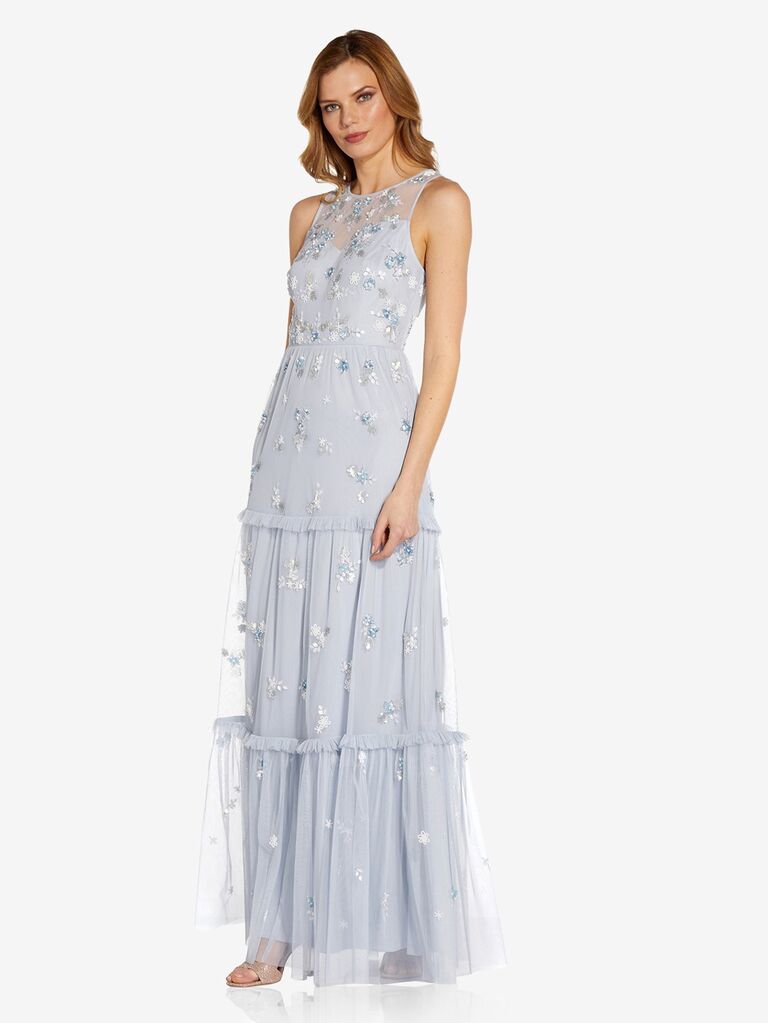 adrianna papell light blue floral garden wedding bridesmaid dress with mesh neckline