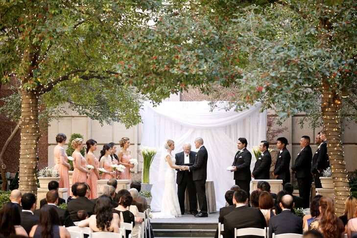 Chloe and David had a traditional, modern ceremony in the courtyard garden of Rosewood Crescent Hotel in Dallas, Texas. The French architecture added a romantic feel to the atmosphere.