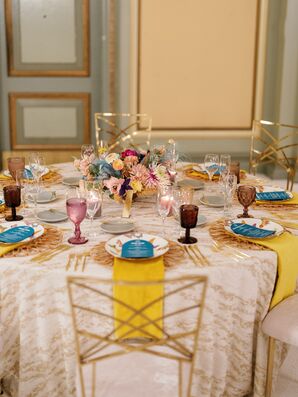 Ballroom Reception Table With Butterfly Chargers, Blue Menus, Yellow Details