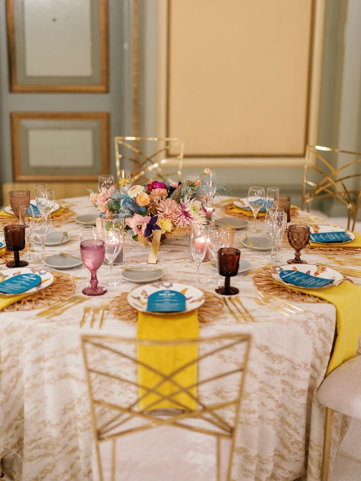 Ballroom Reception Table With Butterfly Chargers, Blue Menus, Yellow Details