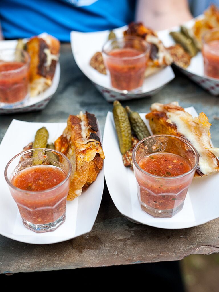 Grilled cheese and gazpacho soup wedding reception appetizer idea