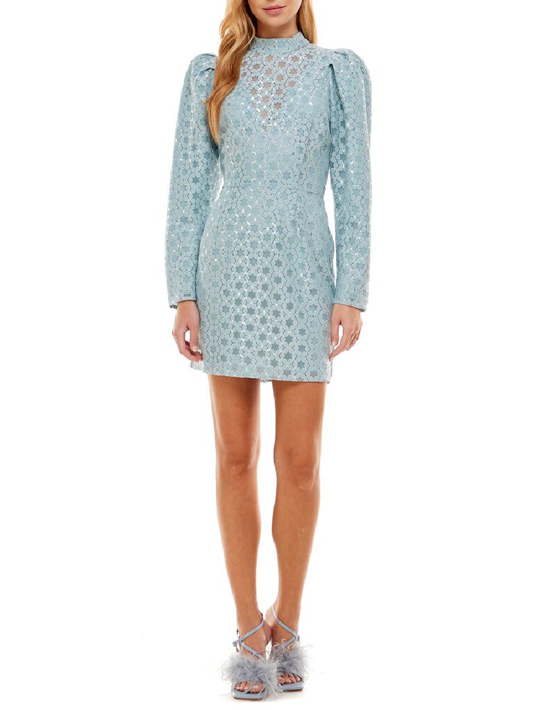 Ice blue long sleeve mini dress with allover sequins