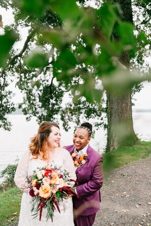 Newlyweds with Bright Wedding Blooms