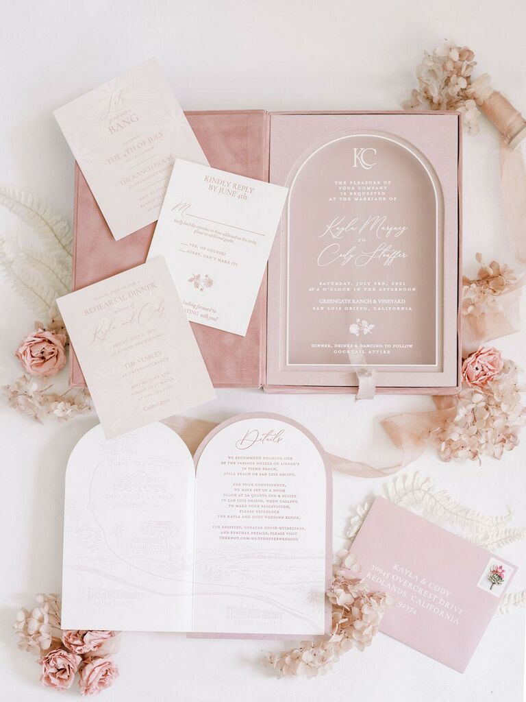 modern wedding invitation suite with clear acrylic invitation and insert cards in a blush pink box