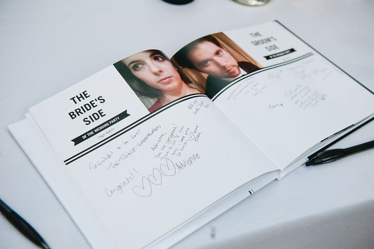 The bride and groom opted for a yearbook-style streamlined guest book with playful photos of the couple inside that Adrienne created on Shutterfly.