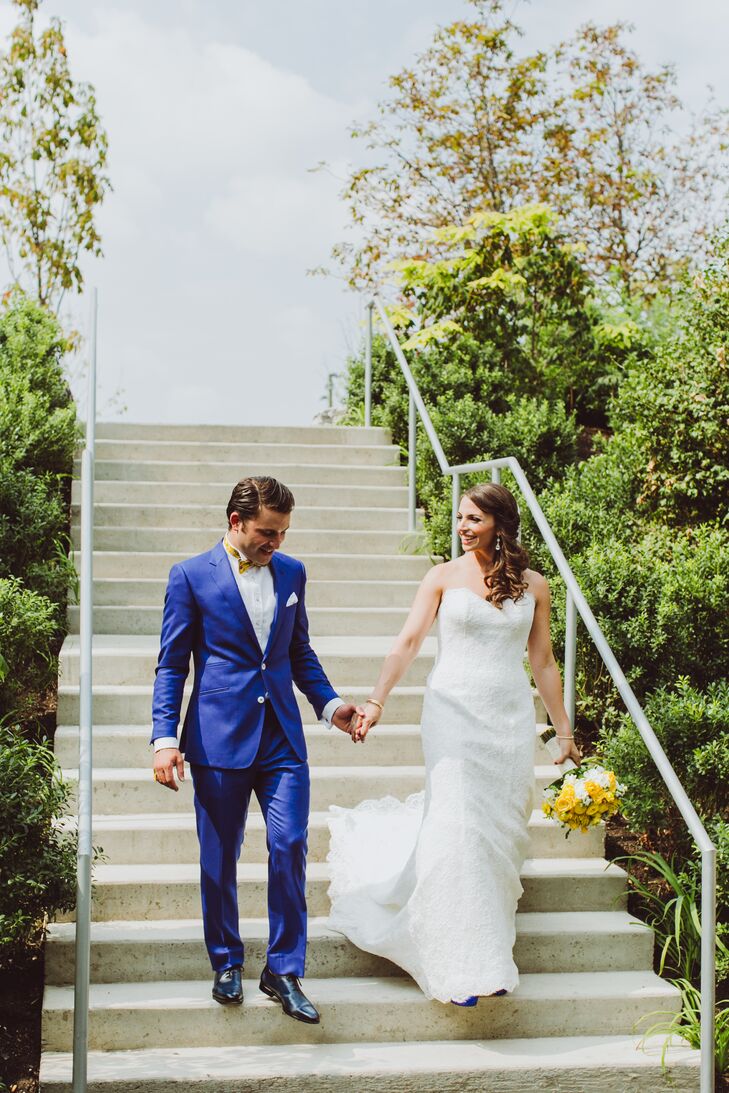 “I’m a colorful person, and my clothes are too,” Edouard says. “It was obvious to choose a bright blue tuxedo for our celebration.” The groom had two custom suits for the occasion, a royal blue number for the ceremony and a two-tone, 1970s-inspired tuxedo for the reception.