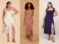 Collage of three different midi bridesmaid dresses