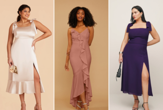 Collage of three different midi bridesmaid dresses