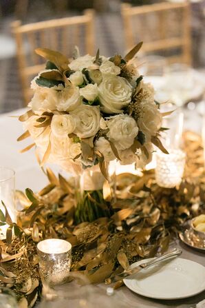 White Bouquet Centerpiece With Gold Garland