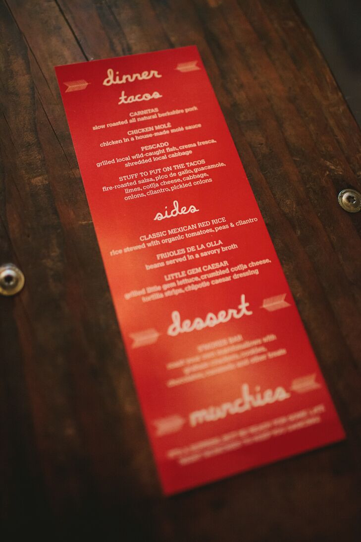 For dinner, the couple served a food truck taco bar along with 12 deep dish pizzas (Megan is from Chicago after all!). The menu was displayed on a bold red card decorated with whimsical typography and bohemian feathers.