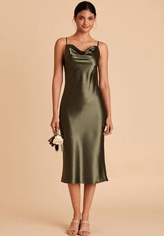 Birdy Grey Lisa Midi Shiny Satin Dress in Olive Scoop Bridesmaid Dress