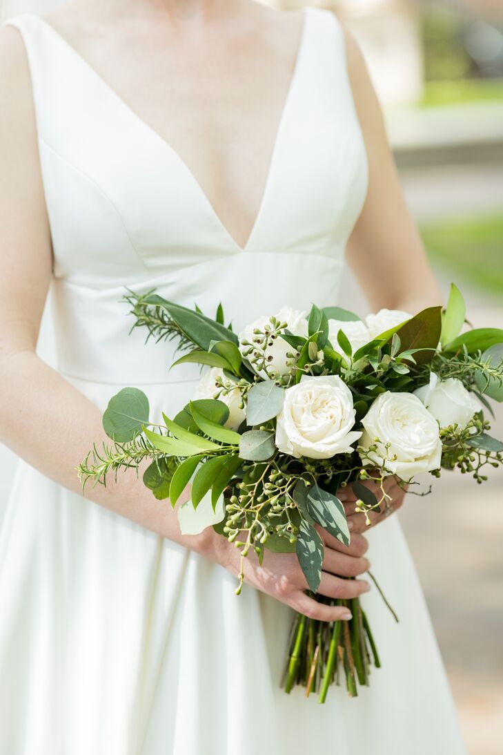 Small and Simple Bouquet With White Roses and Greenery, Leaves