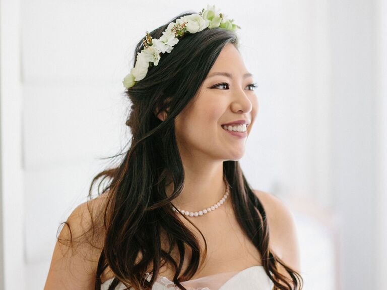 White Floral Crown With Half-Up Hair - bridal crowns