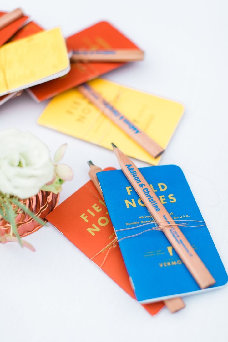 To keep their guests young and old entertained during dinner (just in case the urge to doodle strikes), Christine and Addison placed colorful notebooks and pencils at each seat. “It was a play on the crayons you get at a restaurant as a kid,” Christine says.