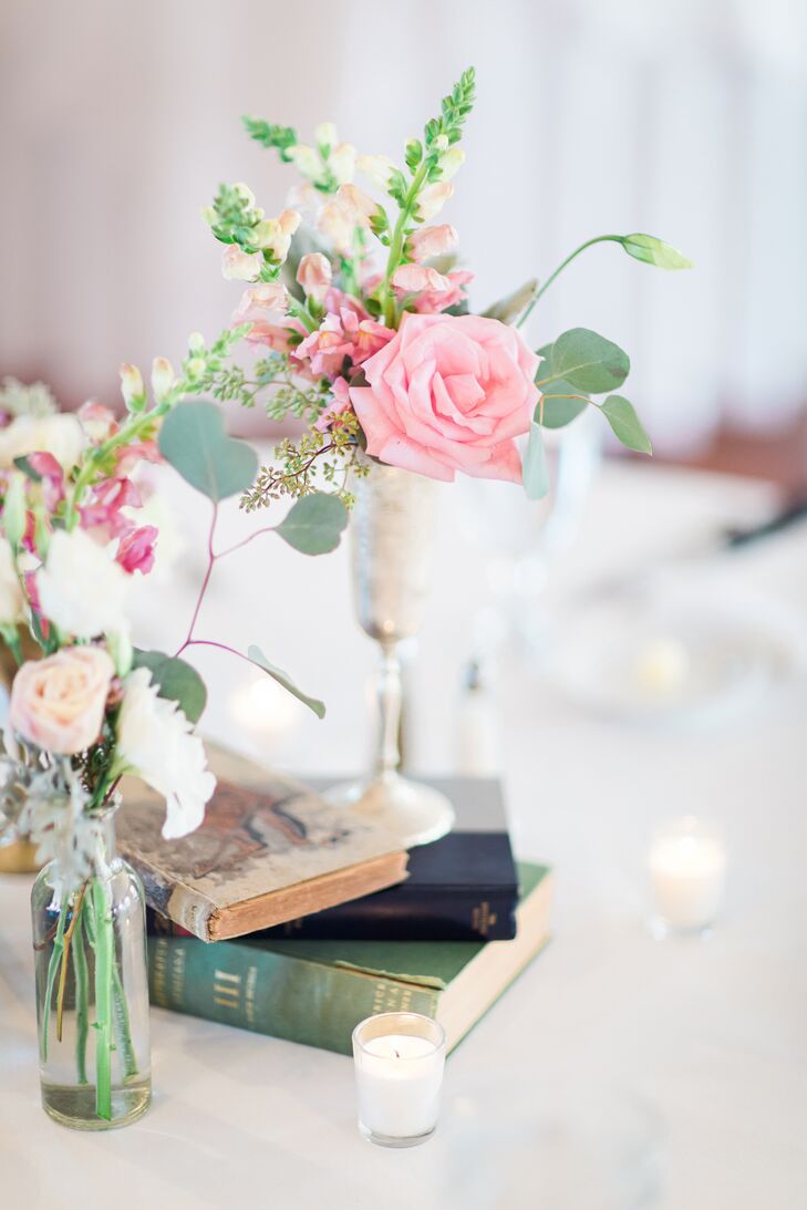 Simple Book and Floral Centerpieces in Bulb Vases
