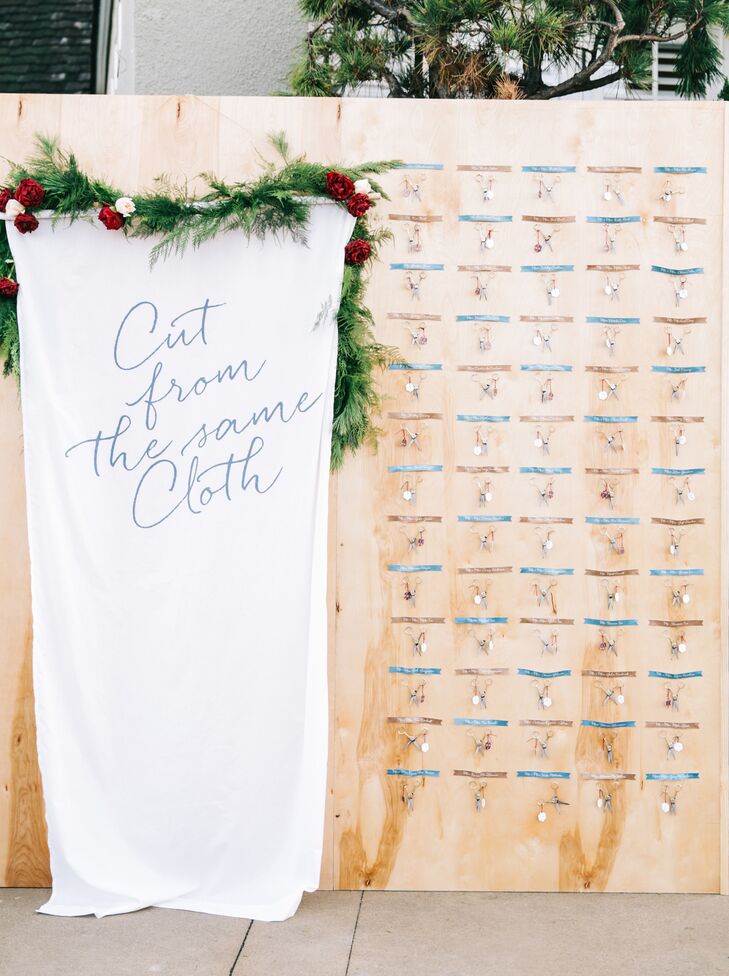 The escort cards were affixed to gold tailoring scissors, a reference to the "cut from the same cloth" theme.
