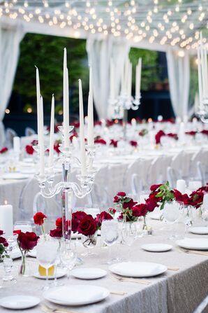 Classic Dining Tables with Red Roses and White Candelabras