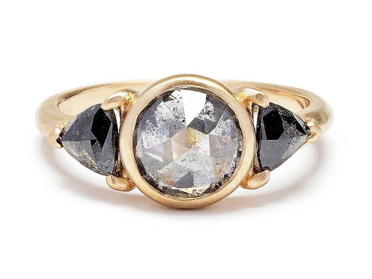 Gray rose-cut diamond engagement ring with black diamond side stones