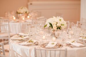 Classy Centerpieces of White Roses and Hydrangeas in Pedestal Vases