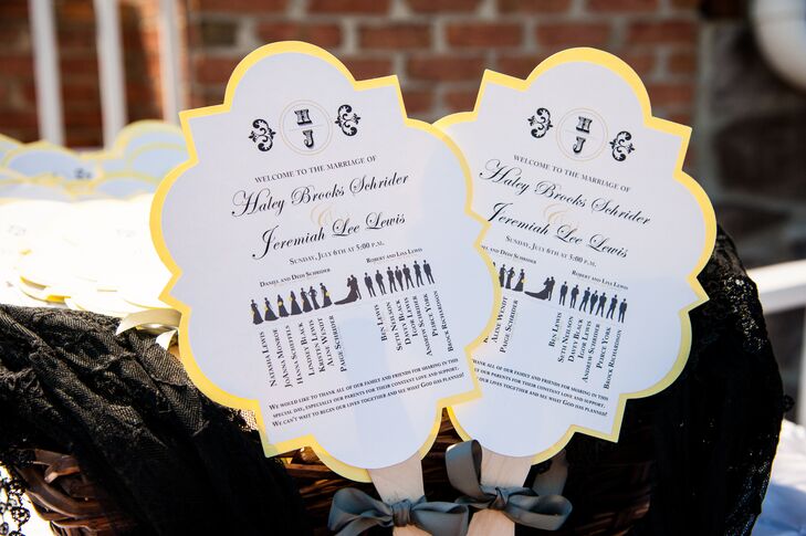 At the ceremony, white programs rimmed with bright yellow displayed the wedding party list. The stationery colors reflected the other details, from the flower arrangements to the desserts displayed on a tiered stand.