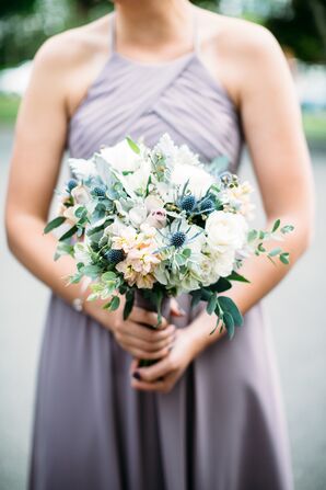 Bridesmaid Bouquet of Eucalyptus, Blue Thistle, Hydrangeas, Dusty Miller and Roses