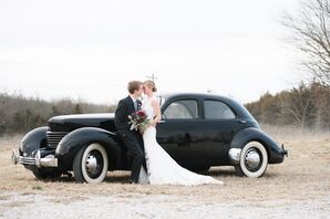 Bride and Groom with Vintage Car in Oskaloosa, Kansas