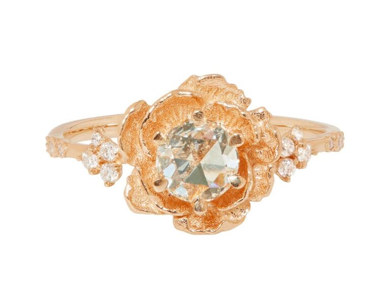 catbird rose gold engagement ring with floral shape diamond center stone claw prongs round side diamonds and plain band