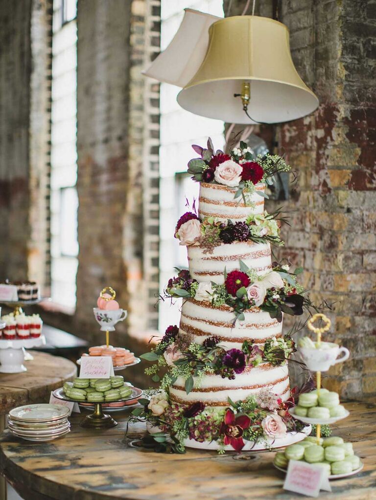Naked cake with tilted tiers and fresh florals