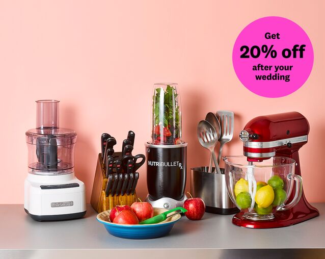 Kitchen appliances on a tabletop with a graphic that says “Get 20% off after your wedding.”