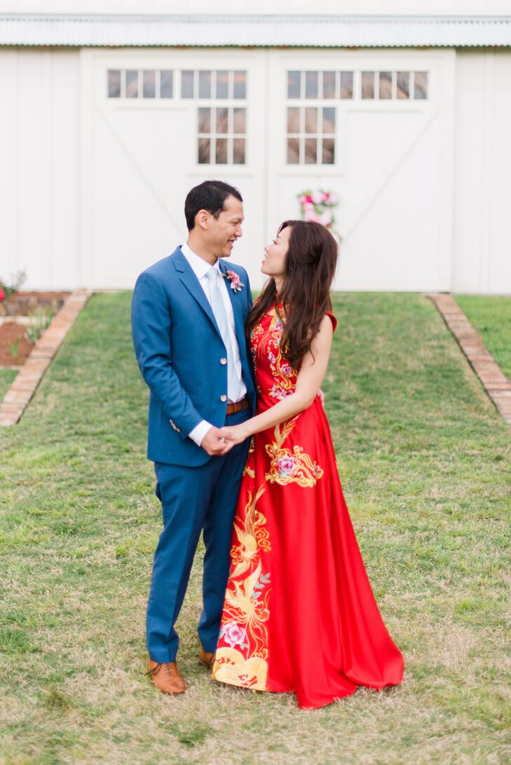 For part of the reception, Deborah donned a traditional red Chinese wedding gown that had been tailored by her aunt-in-law.