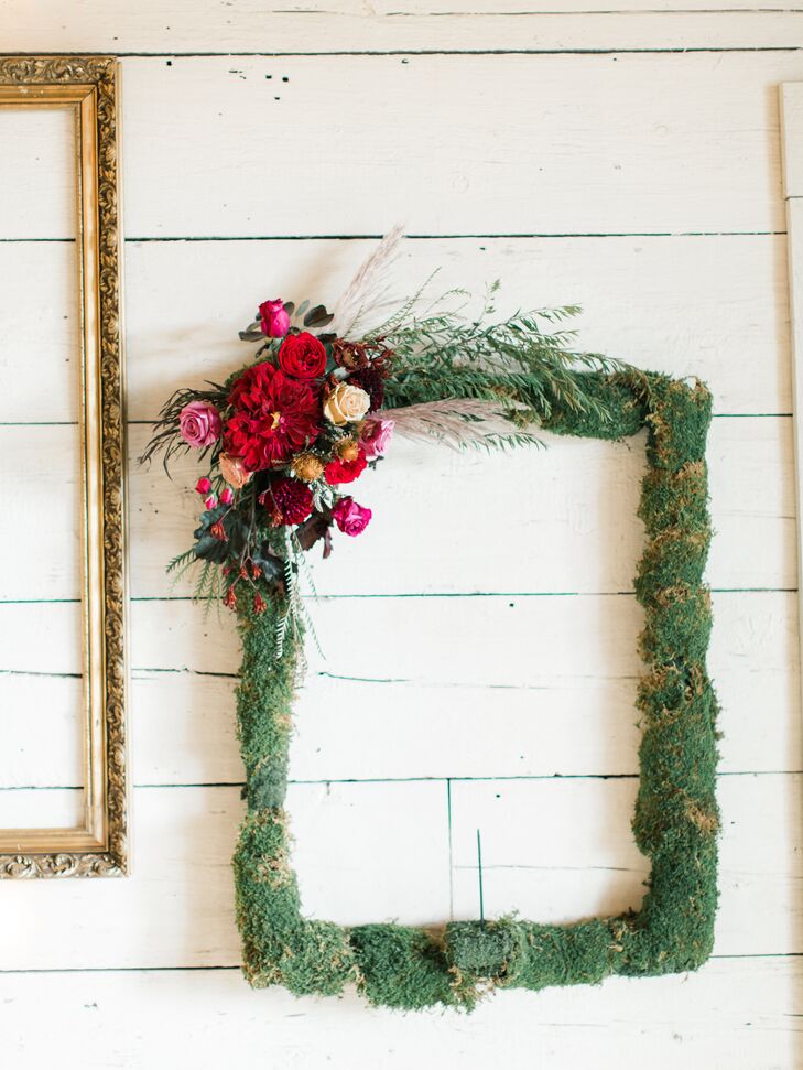 Whimsical Hanging Moss Frame with Burgundy Fall Flowers
