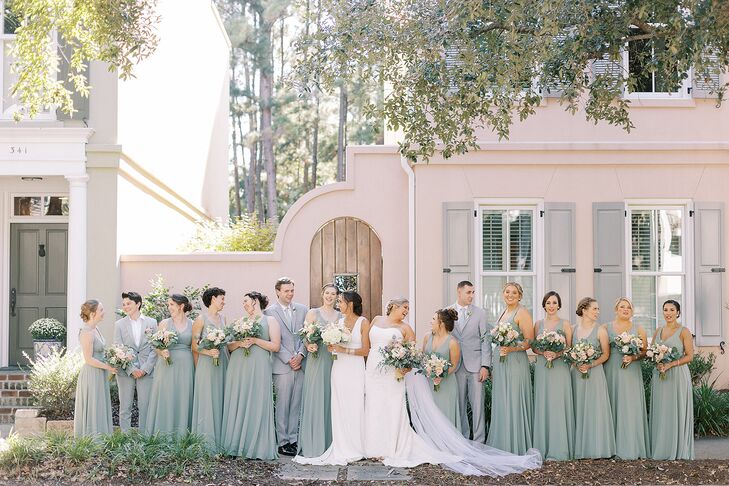 Brides and Wedding Party in Shades of Gray-Toned Green
