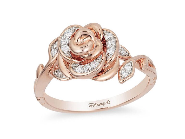 zales enchanted disney flower engagement ring with rose gold rose center with rose gold and round diamond petals and plain rose gold band with marquise shaped round diamond leaves