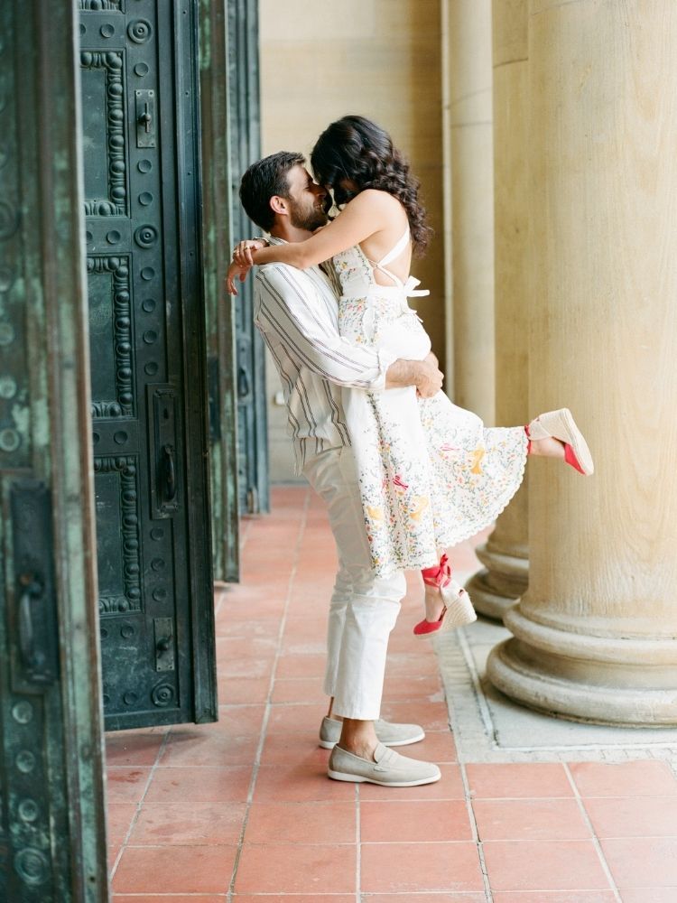 couple hugging during engagement photo shoot