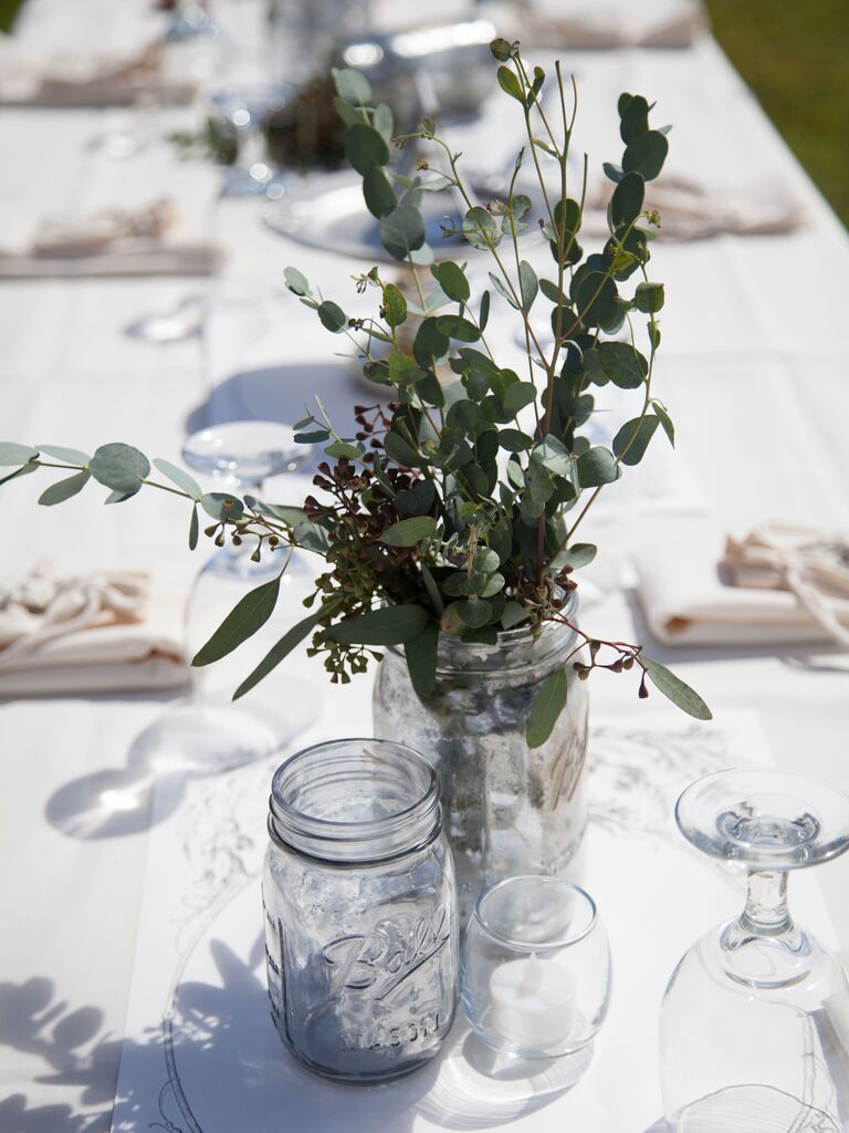 simple greenery wedding centerpiece with eucalyptus in mason jar